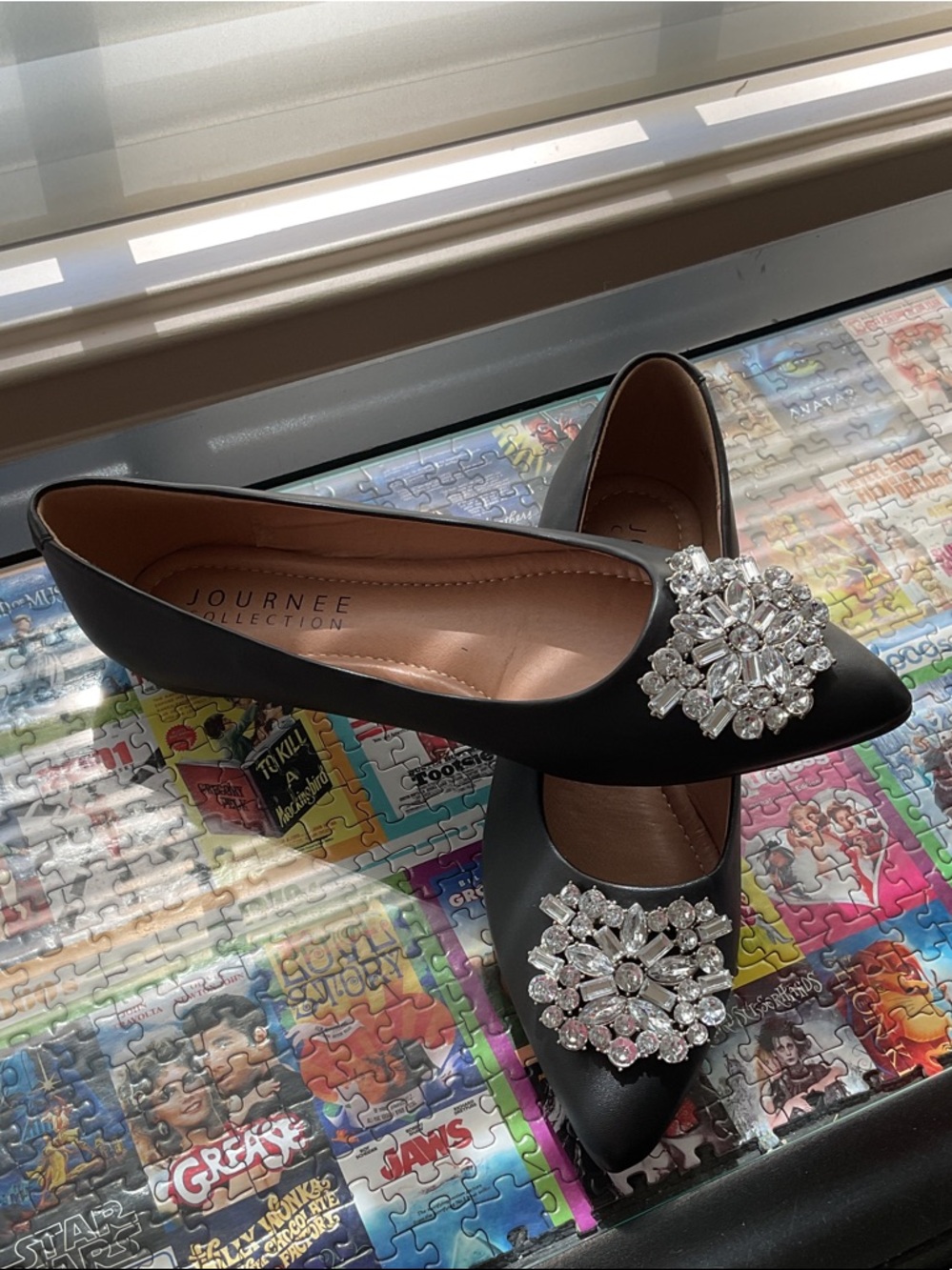 Journee Collection Black Pointed Toe Flats with Crystal Brooch.  NEVER Worn
